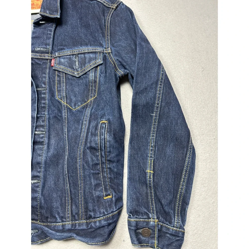 Levi Strauss Denim Trucker Jacket Buck Yeah Embroidery Blue Size Small Mens